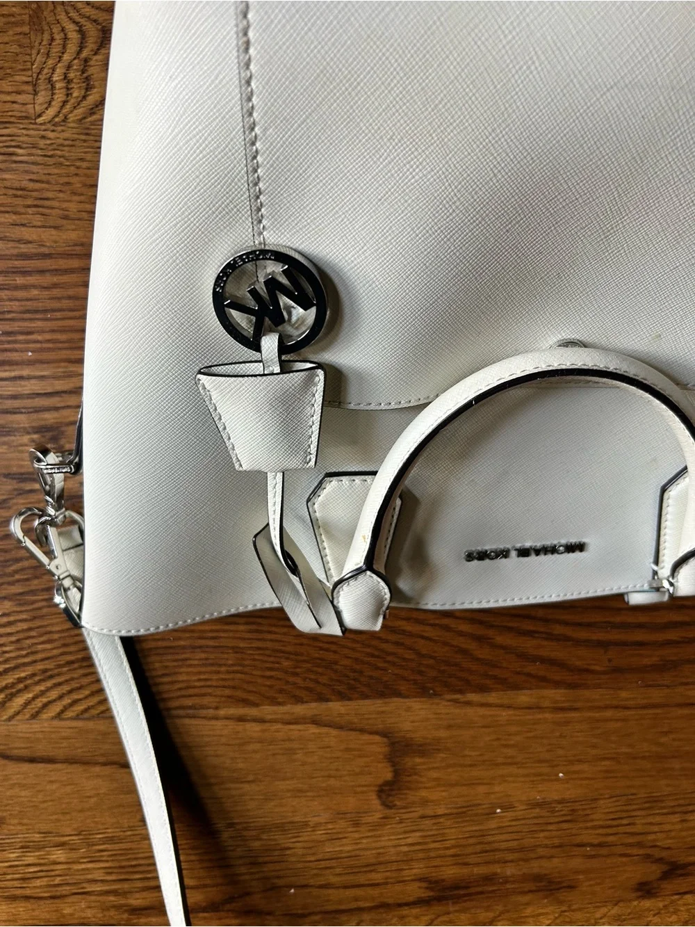 Michael Kors White Saffiano Leather Tote with Blue Interior Trim